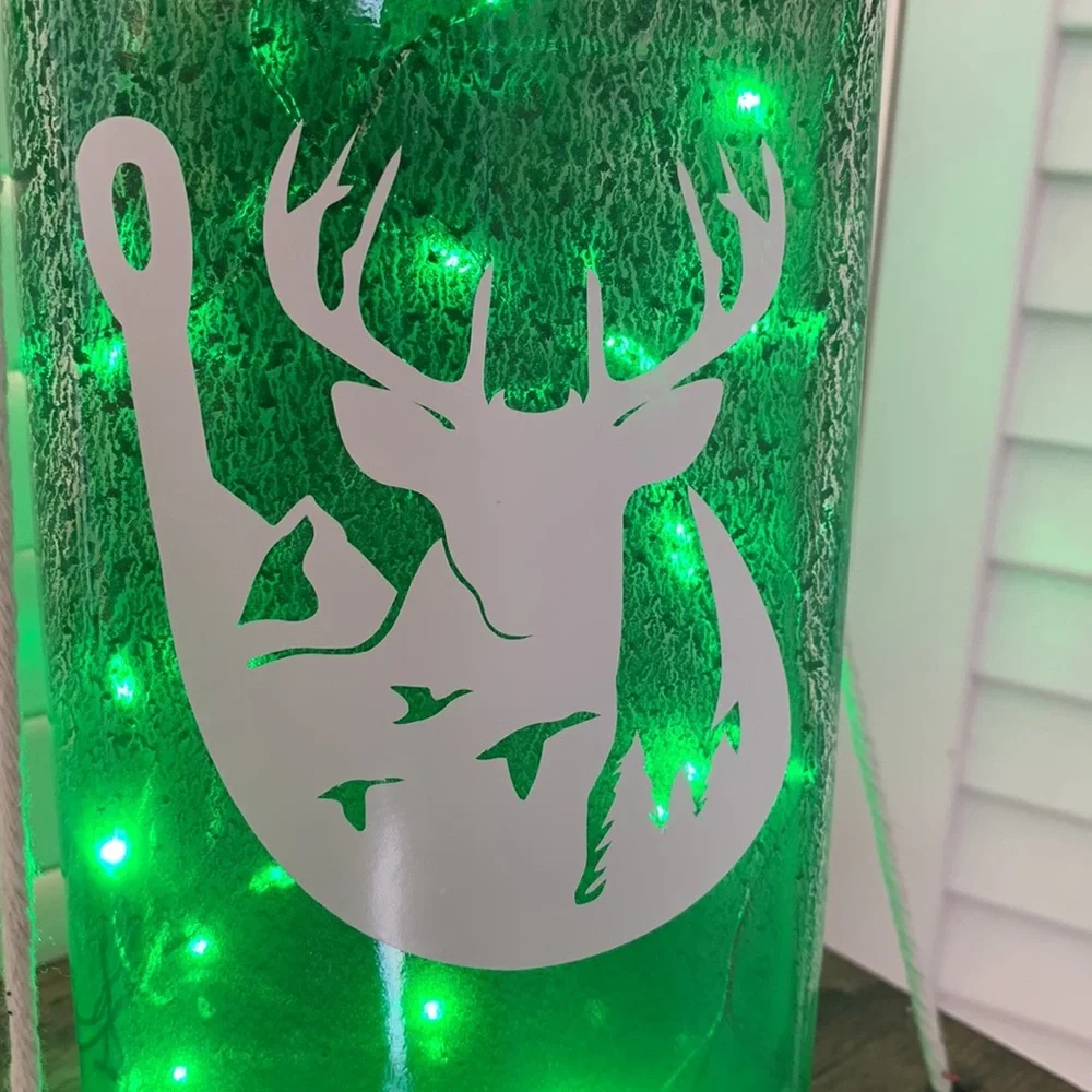 Hand Crafted Painted Green Bottle Lantern with Fish hook, Deer Design